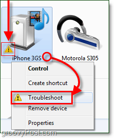 cliquez avec le bouton droit sur votre appareil Bluetooth et cliquez sur dépannage, notez l'icône de dépannage qui est représentée par un point d'exclamation orange