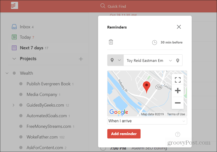 ajout d'un rappel basé sur l'emplacement dans todoist