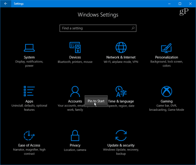 Catégories de paramètres de Windows 10
