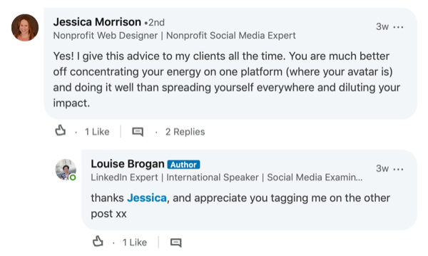 exemple de réponse à un commentaire dans une publication LinkedIn