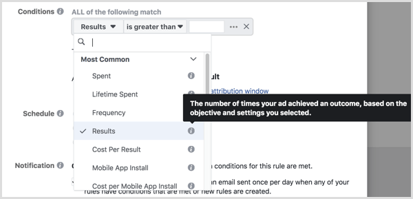 info-bulle lors de la configuration des conditions pour la règle automatisée Facebook