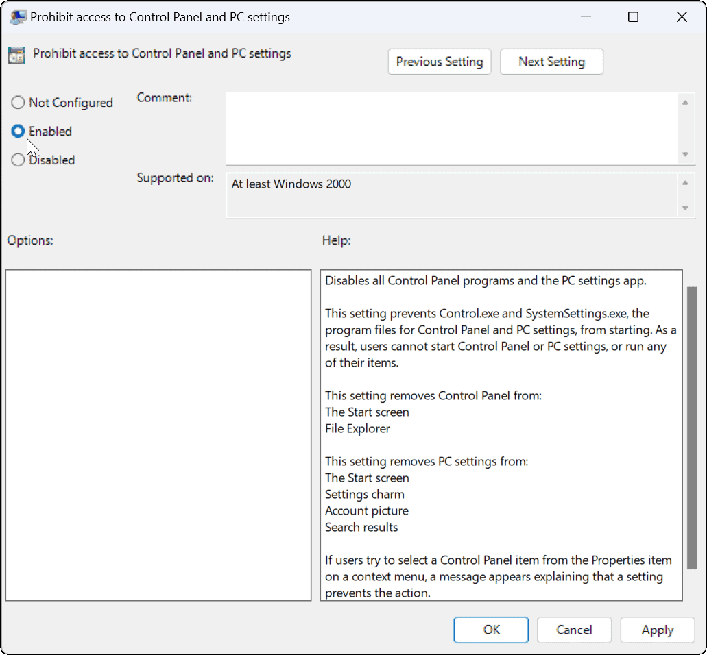 Bloquer les utilisateurs des paramètres dans Windows 11