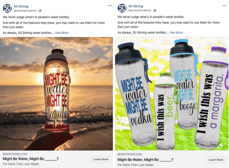 deux publicités Facebook avec des images différentes à tester avec des expériences Facebook