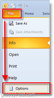 dans Outlook 2010, utilisez le ruban de fichier pour ouvrir les options