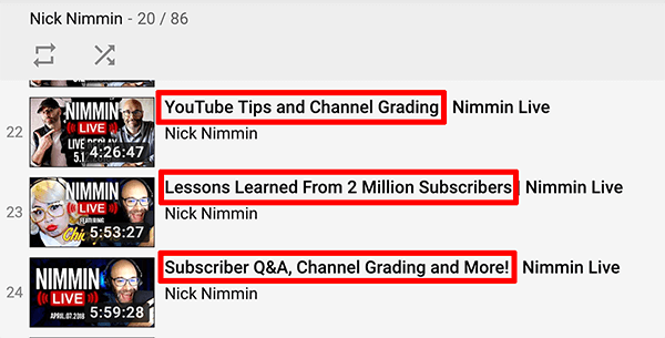 Ceci est une capture d'écran des titres vidéo YouTube en direct de la chaîne Nick Nimmin.