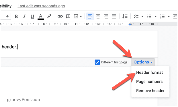 Ouvrez le menu des options de format d'en-tête dans Google Docs