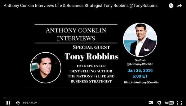 Anthony Conklin interviews tony robbins blab mis en ligne sur youtube