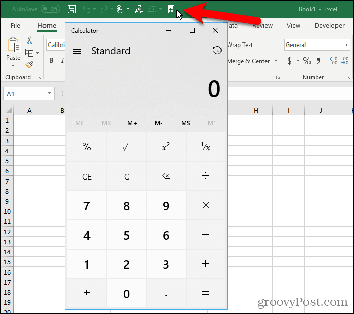 La calculatrice Windows dans la barre d'outils d'accès rapide dans Excel