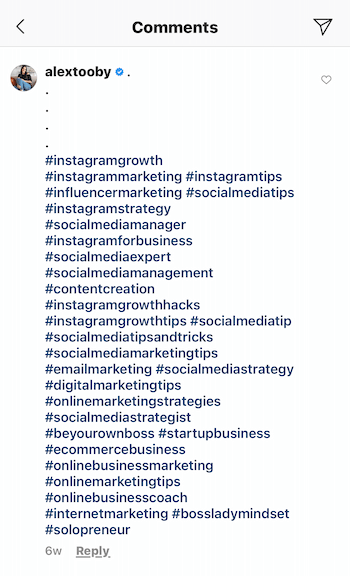 exemple de commentaire de post instagram de @alextooby composé de 30 hashtags pertinents