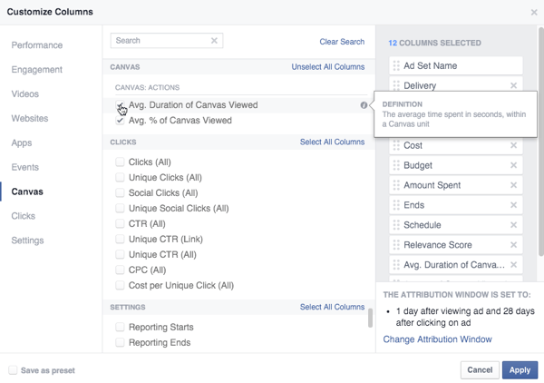 options de métrique du canevas facebook