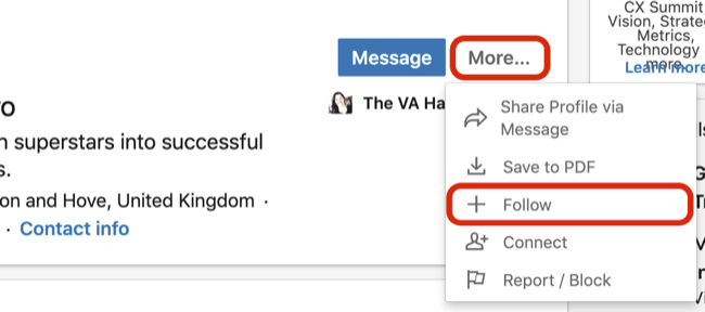 Plus de menu déroulant avec l'option Suivre sélectionnée sur le profil LinkedIn