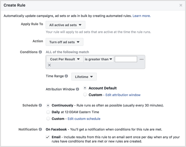 Fenêtre de configuration des règles automatisées Facebook