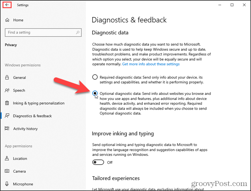 Activer Windows 10 Données de diagnostic facultatives