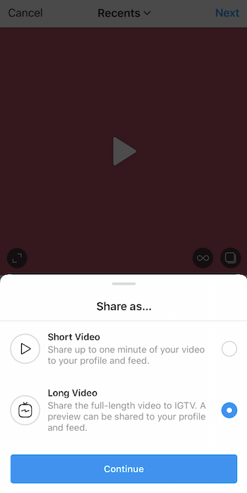 téléchargement de vidéo instagram avec le partage en tant que menu affiché et l'option longue vidéo sélectionnée