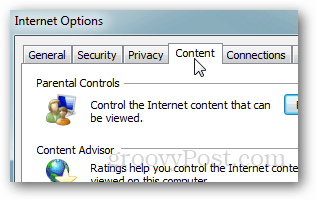 IE9: onglet Contenu des options Internet