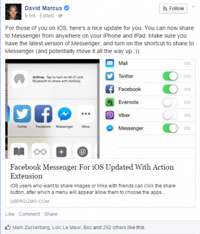 «Les utilisateurs de Facebook Messenger avec iPhone ou iPad peuvent désormais partager des photos ou des liens directement vers l'application suite à une mise à jour de l'application iOS.»