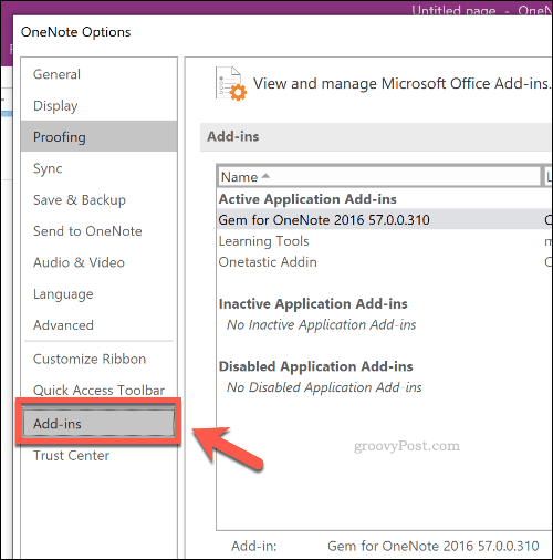 Options d'ajout pour OneNote