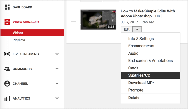 Accédez à votre vidéo YouTube et choisissez Sous-titres / CC dans le menu déroulant Modifier.