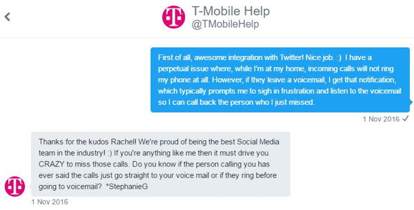 Un représentant du service client de T-Mobile a pu interagir avec moi en tête-à-tête et se concentrer sur mon problème.
