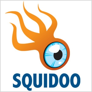 Voici une capture d'écran du logo Squidoo, qui est une créature orange avec quatre tentacules et un grand globe oculaire bleu.
