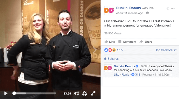 Dunkin Donuts utilise la vidéo Facebook Live pour emmener les fans dans les coulisses.