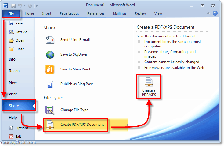 enregistrer un document à l'aide d'une option de partage PDF dans Office 2010