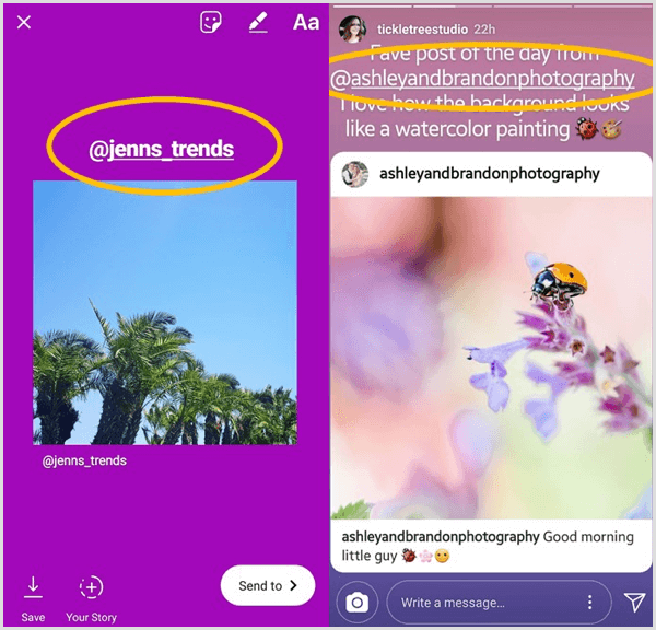Ajoutez une zone de texte qui répertorie l'utilisateur d'origine et marquez-le dans une publication Instagram transférée.