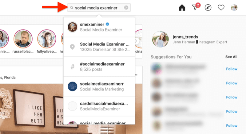Capture d'écran du bureau montrant une recherche d'un compte instagram à l'aide des termes de recherche de l'examinateur des médias sociaux