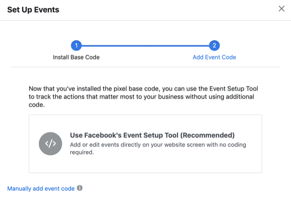 Boîte de dialogue Configurer les événements avec option pour utiliser l'outil de configuration des événements de Facebook