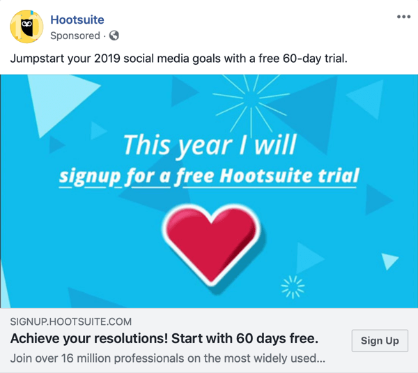 Techniques publicitaires Facebook qui donnent des résultats, exemple par Hootsuite offrant un essai gratuit