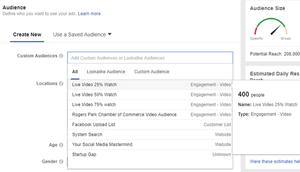 Lorsque vous sélectionnez une audience pour votre annonce Facebook, veillez à sélectionner l'audience personnalisée des personnes qui ont visionné vos vidéos en direct.