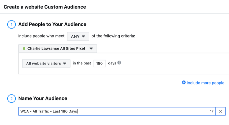 configurer l'audience personnalisée du site Web Facebook de tous les visiteurs du site Web au cours des 180 derniers jours
