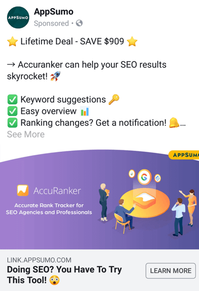 Techniques publicitaires Facebook qui donnent des résultats, exemple par AppSumo offrant un accord