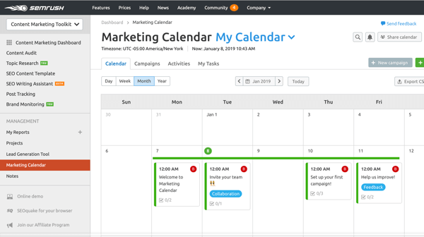 Exemple de calendrier marketing SEMrush.