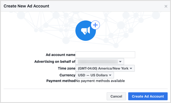 Utilisez le nom de votre entreprise lorsque vous êtes invité à nommer votre nouveau compte publicitaire Facebook.