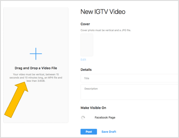 Faites glisser et déposez un fichier pour télécharger une vidéo IGTV sur le bureau.