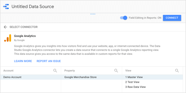 Choisissez le compte, la propriété et la vue Google Analytics que vous souhaitez utiliser.