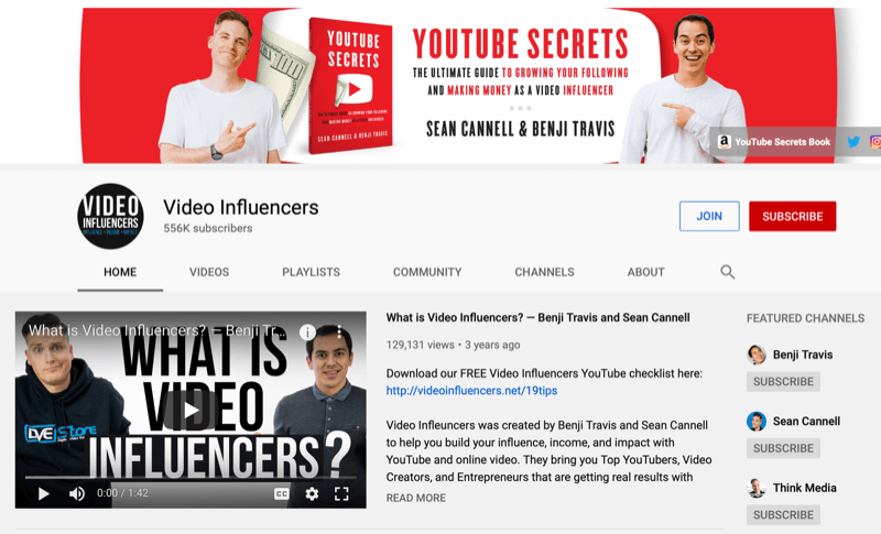 Page de chaîne YouTube pour les influenceurs vidéo