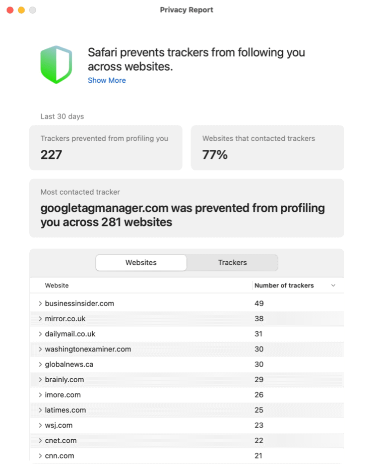  Rapport de confidentialité Safari pour Mac