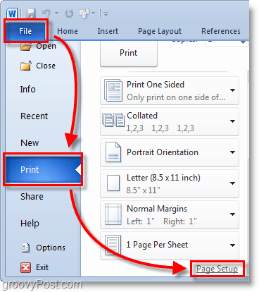 Capture d'écran de Micosoft Word 2010 sélectionnez le fichier> menu d'impression dans la toile de fond, puis cliquez sur la mise en page dans Word 2010