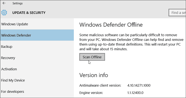 Windows 10 Defender autorise l'analyse hors ligne des programmes malveillants