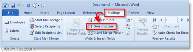 Capture d'écran d'Outlook 2010 - cliquez sur la ligne de salutation sous mailings
