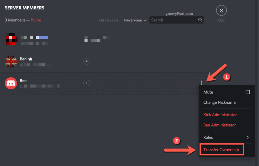 Option de transfert de propriété Discord