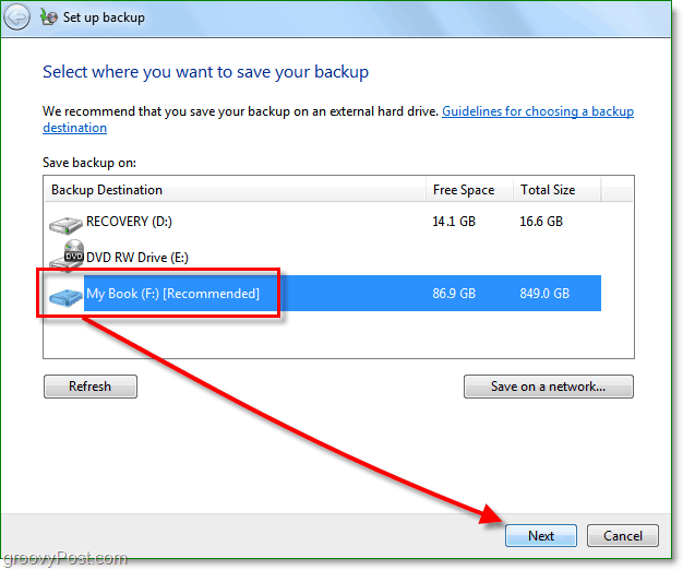 Sauvegarde Windows 7 - sélectionnez un emplacement de sauvegarde