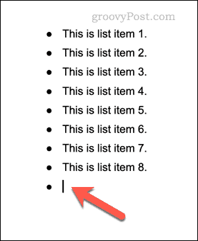 Exemple de liste à puces dans Google Docs
