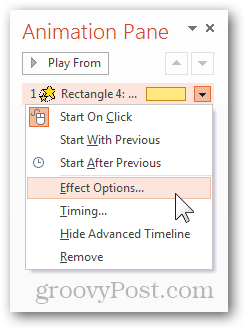 volet d'animation 2013 options d'effet configurer