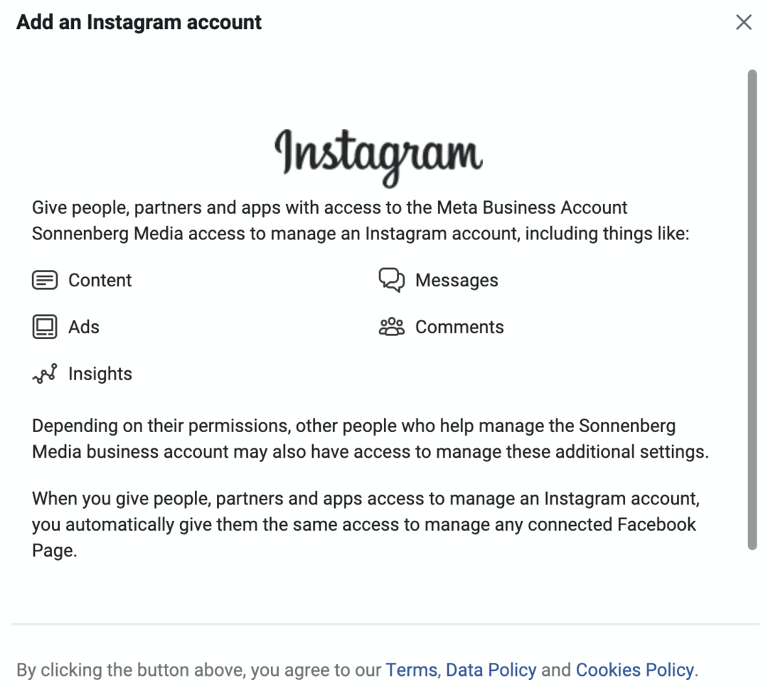 image de l'écran Ajouter un compte Instagram dans Meta Business Manager