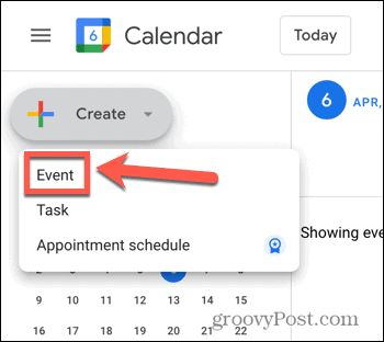 Capture d'écran de l'option de création d'événement de Google Agenda