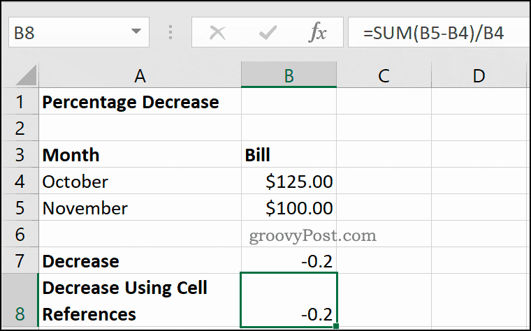 Un exemple de pourcentage diminue dans Microsoft Excel