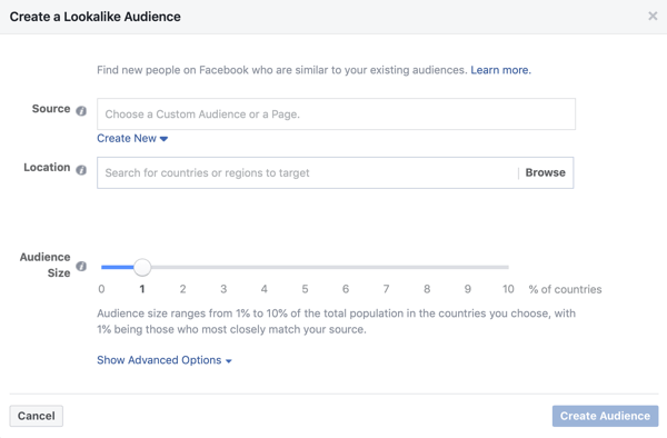 Paramètre si vous utilisez une audience similaire pour une campagne publicitaire Facebook.